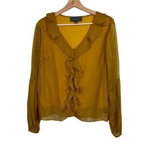 Anthropologie Sunday in Brooklyn Small Mustard Chiffon Ruffle Long Sleeve Blouse